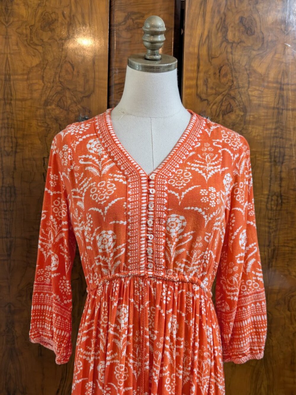 BIBA Orange Boho Floral Block Print Tiered Maxi Prairie Dress Size 2 /EU 34 - Picture 4 of 8
